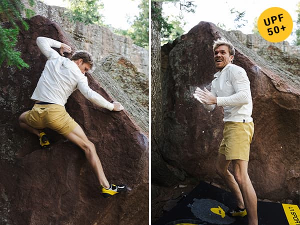 Male climbing in the Cloud Shadow Sun Hoody
