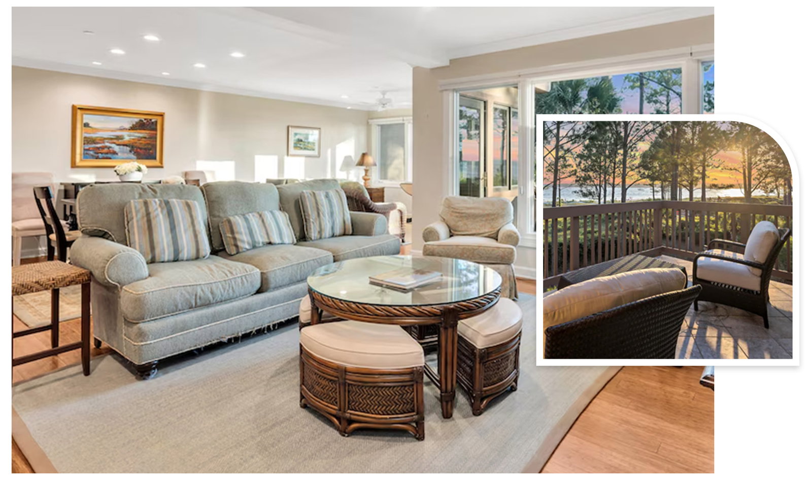 Spacious living room with sofa and round glass table; inset shows balcony with chairs overlooking trees and water at sunset.