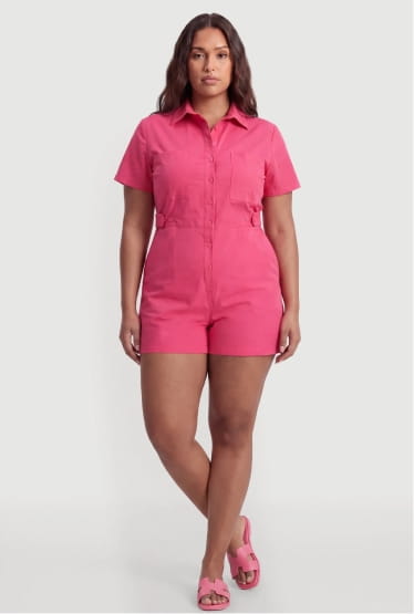 Shop Plus Size Solid Button Front Short Sleeve Romper
