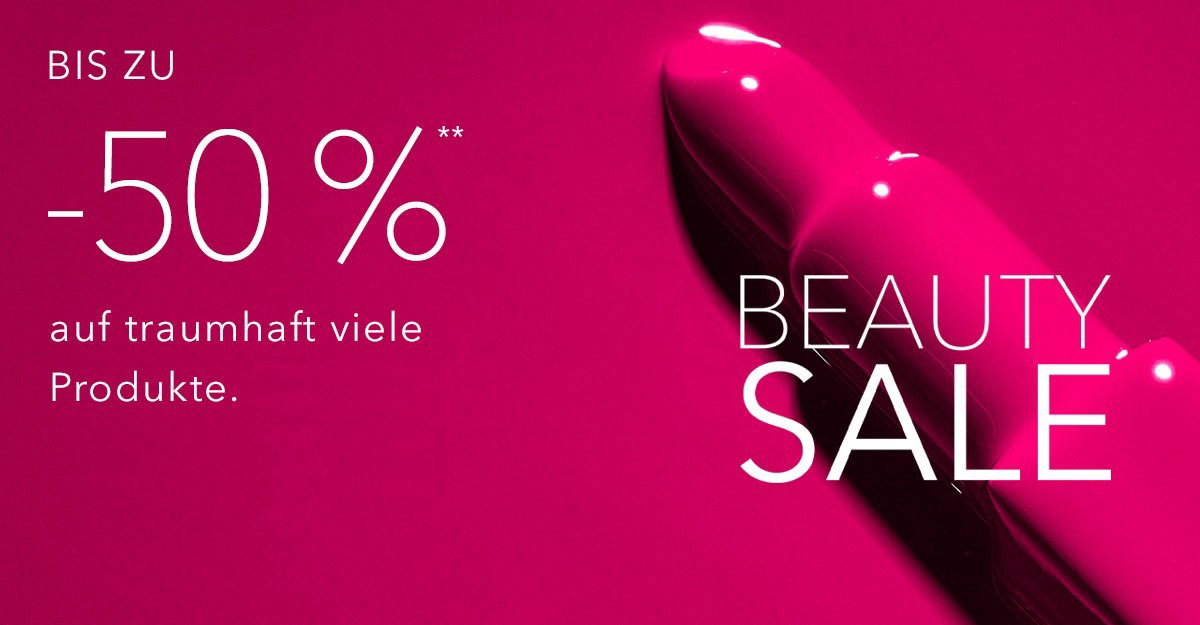 Sichern Sie sich bis zu 50 % Rabatt auf zahlreiche Produkte beim Beauty Sale, mit einem glänzenden pinkfarbenen Lippenstift, der diagonal über den Bildschirm verläuft.'