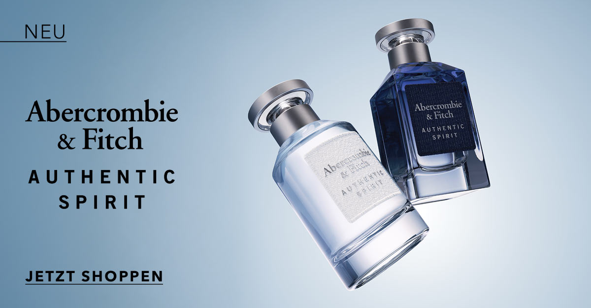 Entdecken Sie die neuen Düfte von Abercrombie & Fitch Authentic Spirit, präsentiert in eleganten Flakons, einem hellen und einem dunklen, die auf einem hellblauen Hintergrund schweben.'