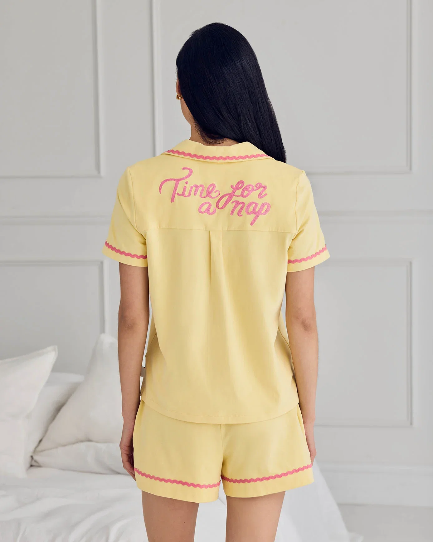 Image of Organic Cotton Embroidered Back Time For A Nap Short Pyjama Set - Yellow