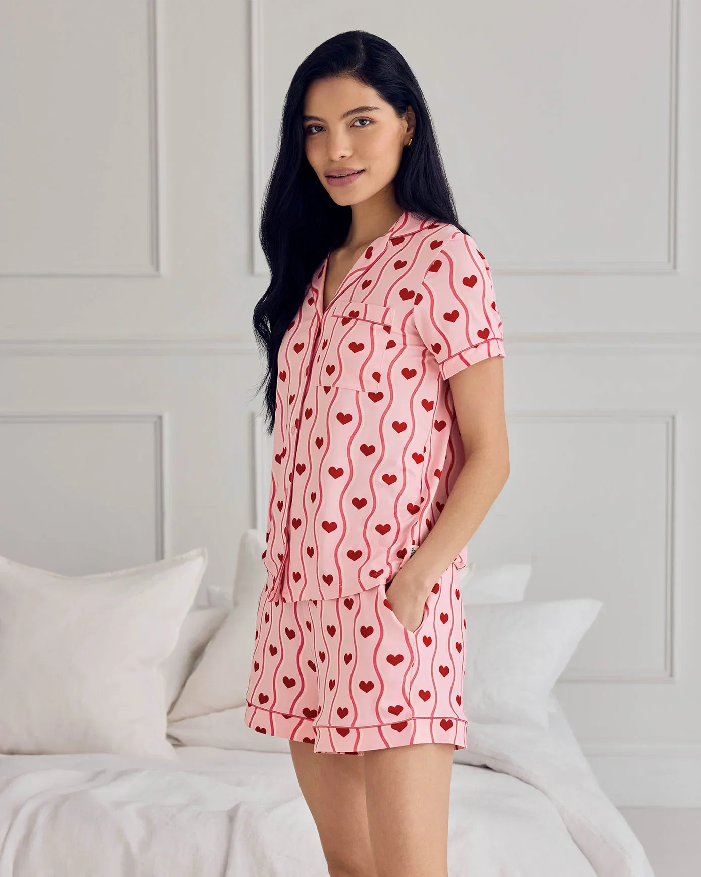 Image of Wavy Stripe Heart Print Short Pyjama Set