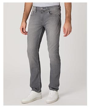 Image of a man's legs in a pair of grey denim jeans.