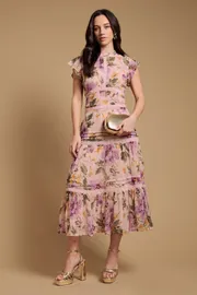 FLORAL PRINTED CHIFFON LACE INSERT DRESS