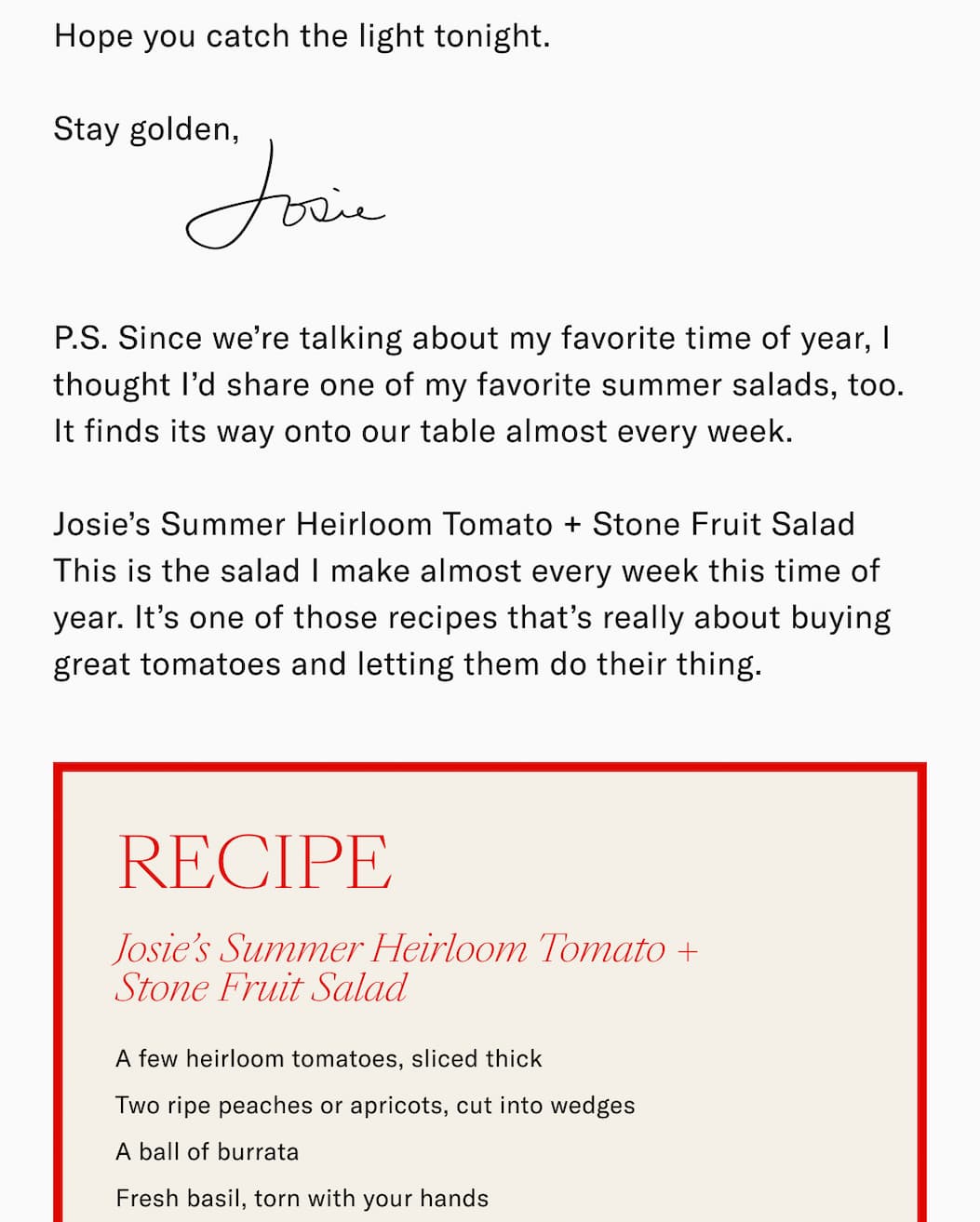 Josie's Summer Heirloom Tomato + Stone Fruit Salad