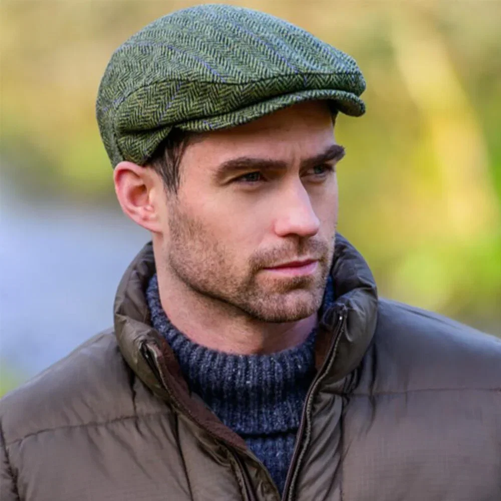 Image of Green Herringbone Irish Wool Flat Cap