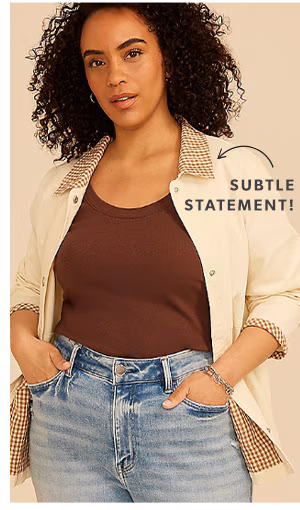 Subtle statement! Model wearing maurices clothing.