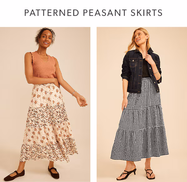 Patterned peasant skirts. Model wearing maurices clothing.