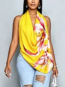 Image of Vacation Floral Printing Cowl Neck Blouse