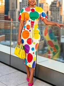 Image of Elegant Polka Dots Printing Slim Fit Midi Dress