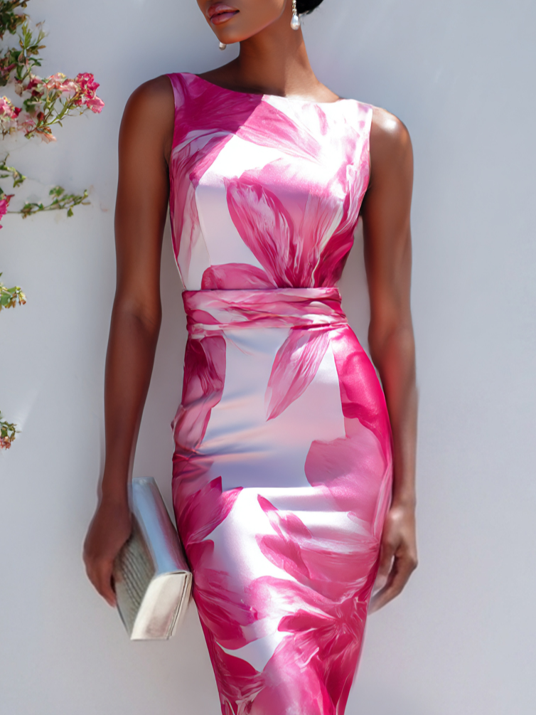 Image of Hot Pink Floral Satin Boat Neck Sleeveless Sheath Midi Dress