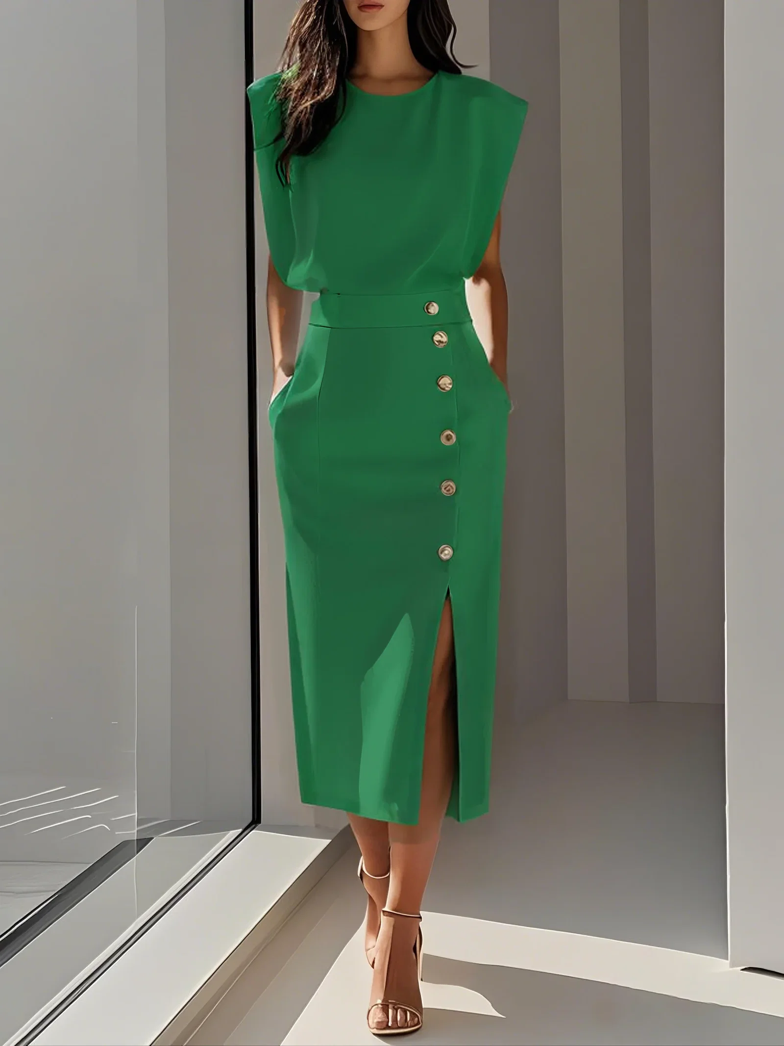 Image of Green Buttoned Side-Slit Classic Crew Neck Sleeveless Sheath Midi Dress
