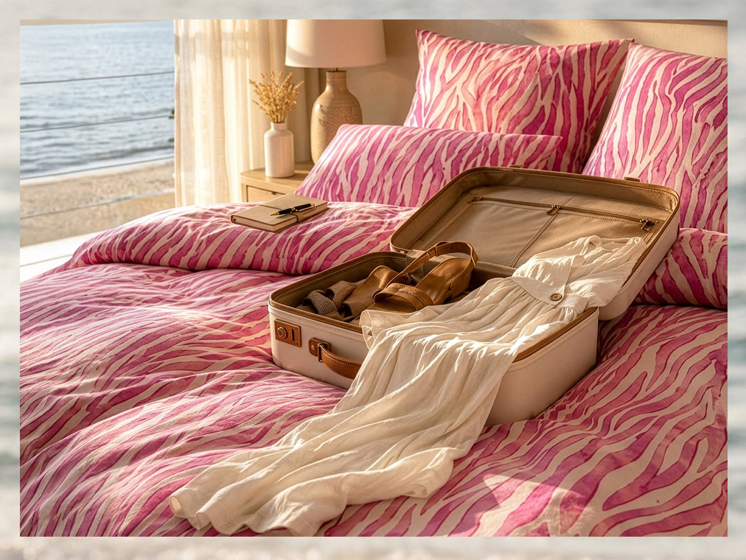 Ein Bett ist mit pink-weiß gestreifter Bettwäsche bezogen. Auf dem Bett liegt ein offener Koffer mit einem weißen Kleid und braunen Sandalen. Im Hintergrund ist ein Fenster mit Blick aufs Meer.