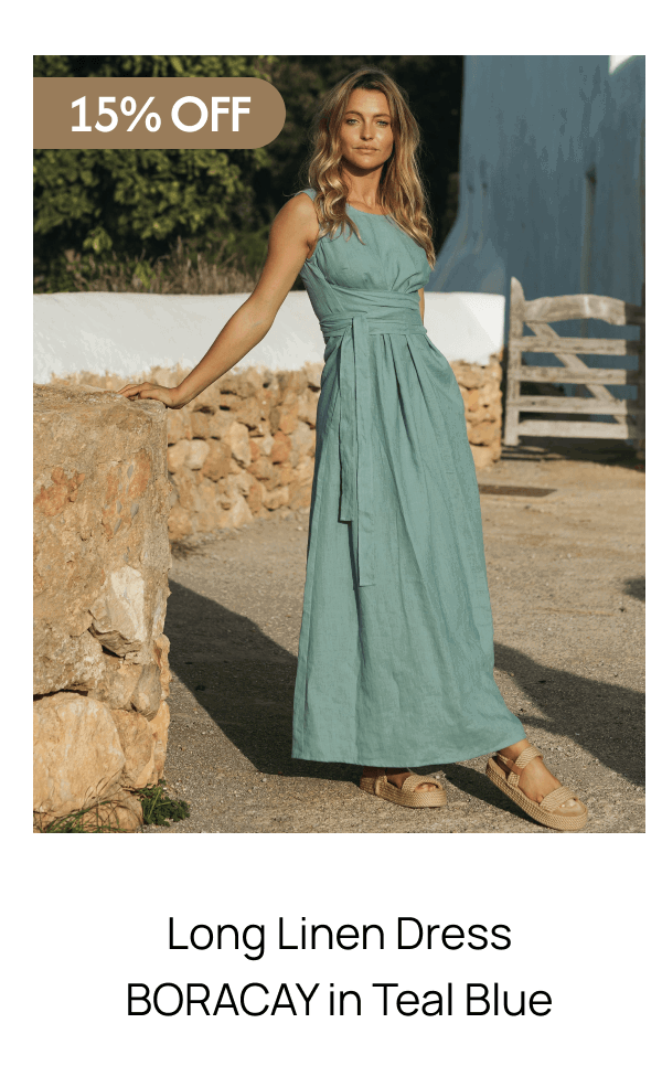 Long Linen Dress BORACAY in Teal Blue 