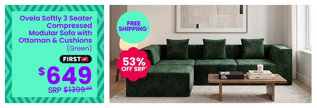 Ovela Softly 3 Seater Compressed Modular Sofa with Ottoman & Cushions (Green)
