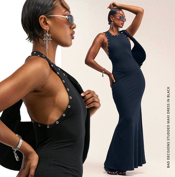 BAD DECISIONS STUDDED MAXI DRESS IN BLACK