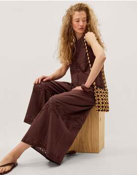 Eden Palm Cutwork Wide Leg Trousers  Brown