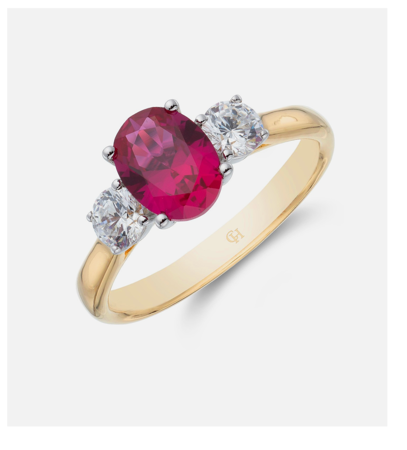 18ct Yellow Gold Oval Cut 1.60ct Ruby and Brilliant Cut 0.46ct Diamond Three Stone Ring