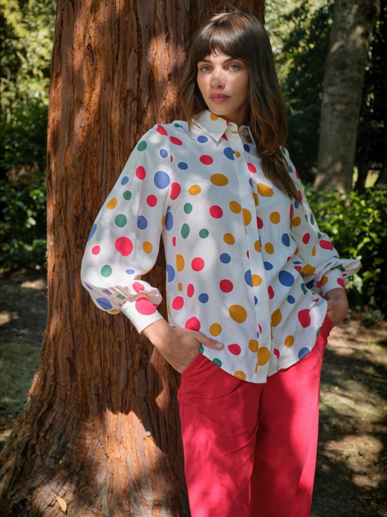 Byron dotty shirt and Tilde red trousers