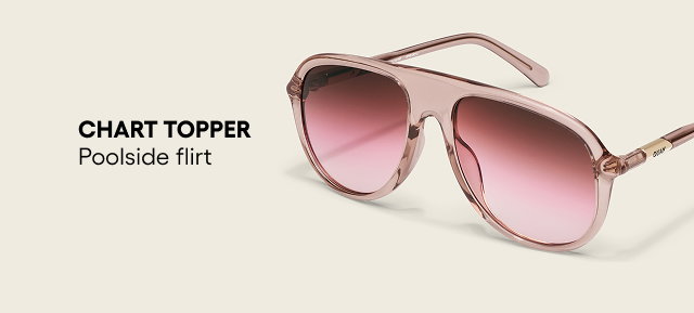 Chart Topper. Poolside flirt. Image of pink aviator sunglasses.