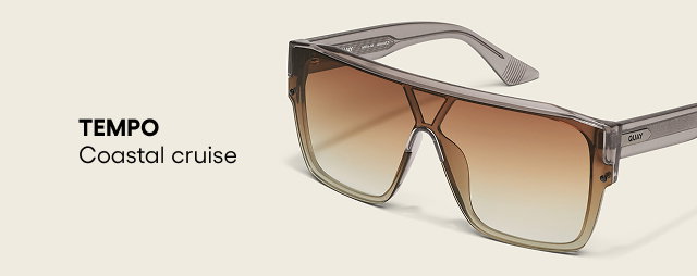 Tempo. Coastal cruise. Image of grey and yellow sunglasses with brown lenses.