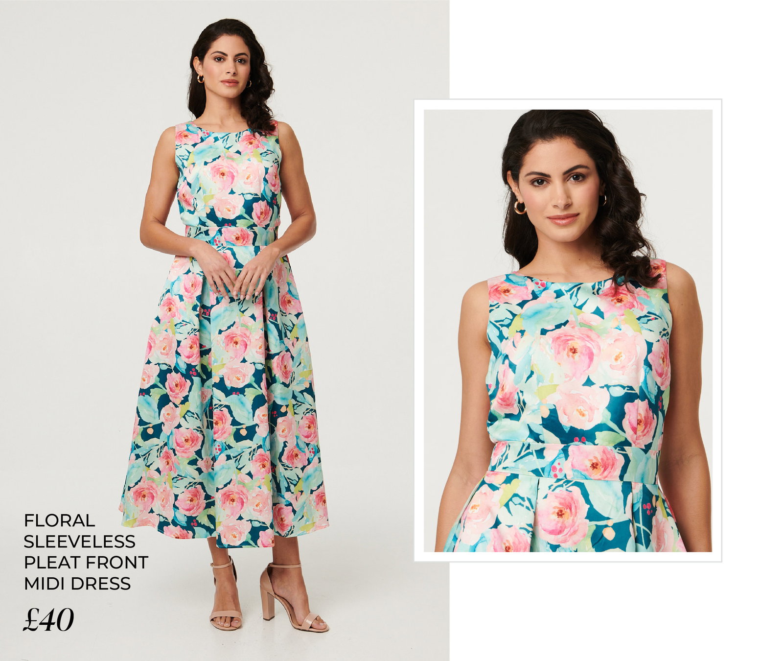 Floral Sleeveless Pleat Front Midi Dress | Shop Now