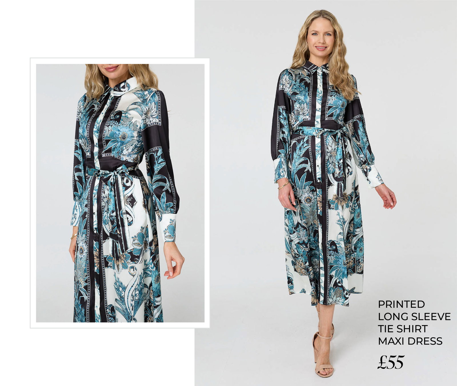 Printed Long Sleeve Tie Shirt Maxi Dress | Shop Now