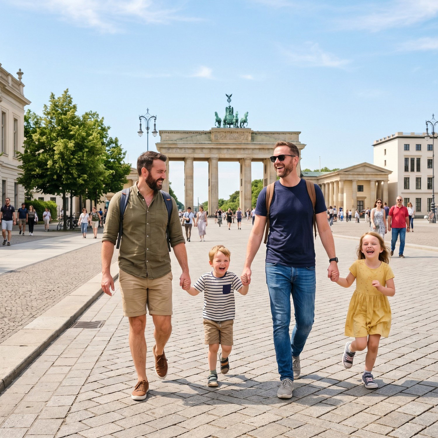 Eine Familie bestehend aus zwei Vätern, einem Sohn und einer Tochter laufen Hand in Hand vor dem Brandenburger Tor in Berlin