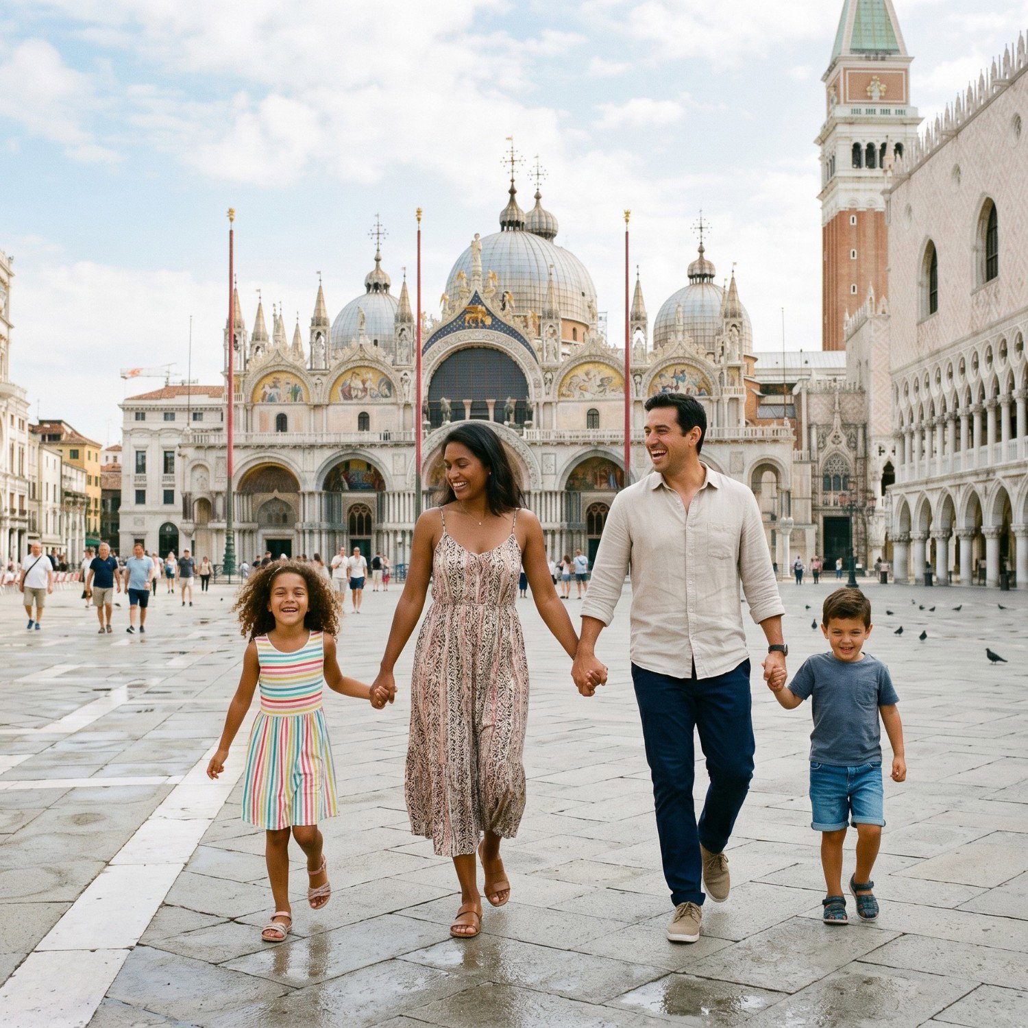 Familie bestehend aus einer Mutter, einem Vater, einer Tochter und einem Sohn spaziert Hand in Hand über den Markusplatz in Venedig.