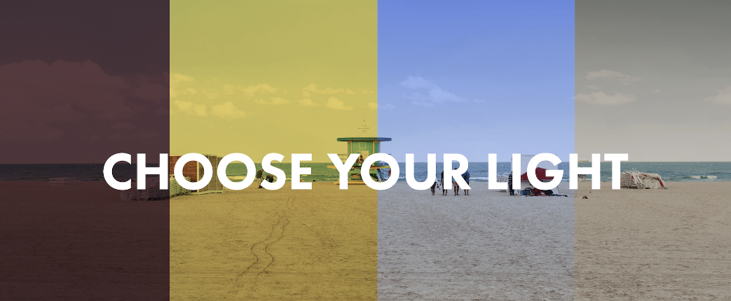 Choose your light, featuring 4 filter options displayed on the same beach image