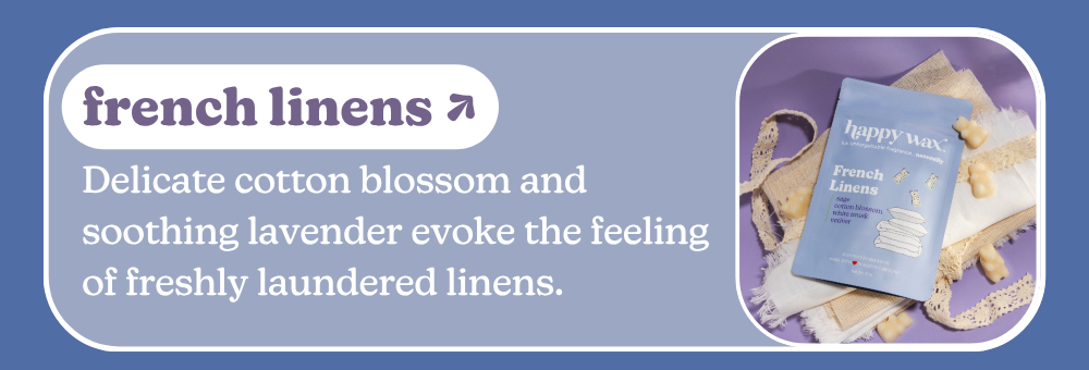 french linens: Delicate cotton blossom and soothing lavender evoke the feeling of freshly laundered linens.