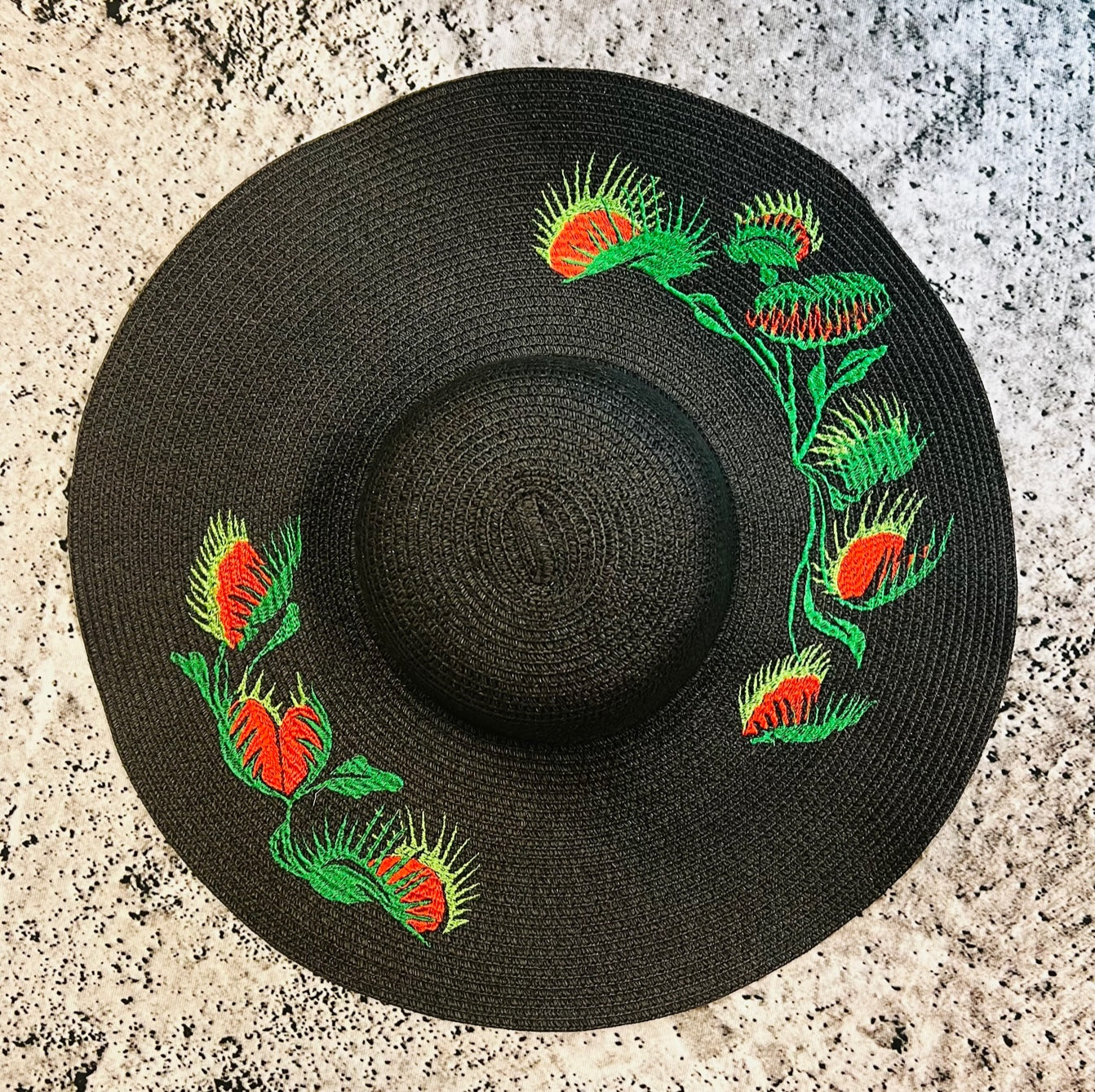Embroidered Floppy Sun Hat - XL Brim - Venus Fly Traps