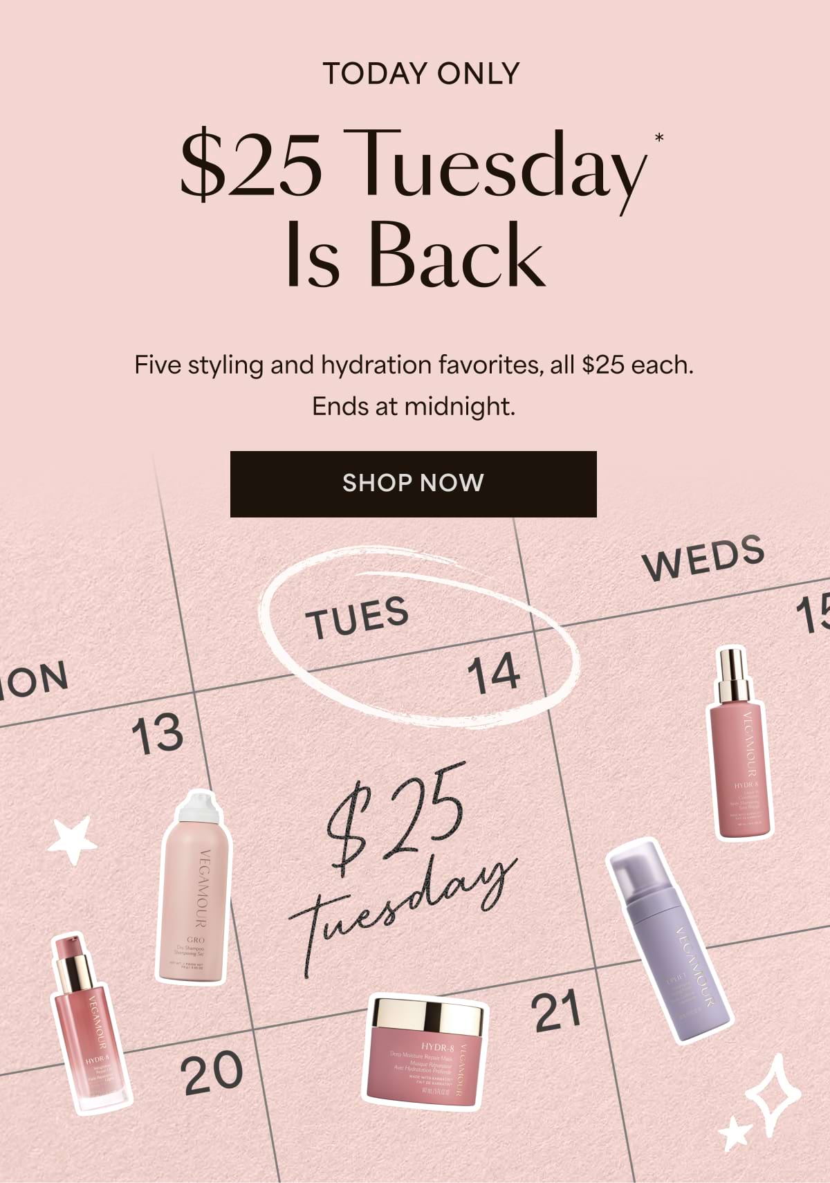 TODAY ONLY $25 Tuesday Is Back Five styling and hydration favorites, all $25 each. Ends at midnight. Shop now