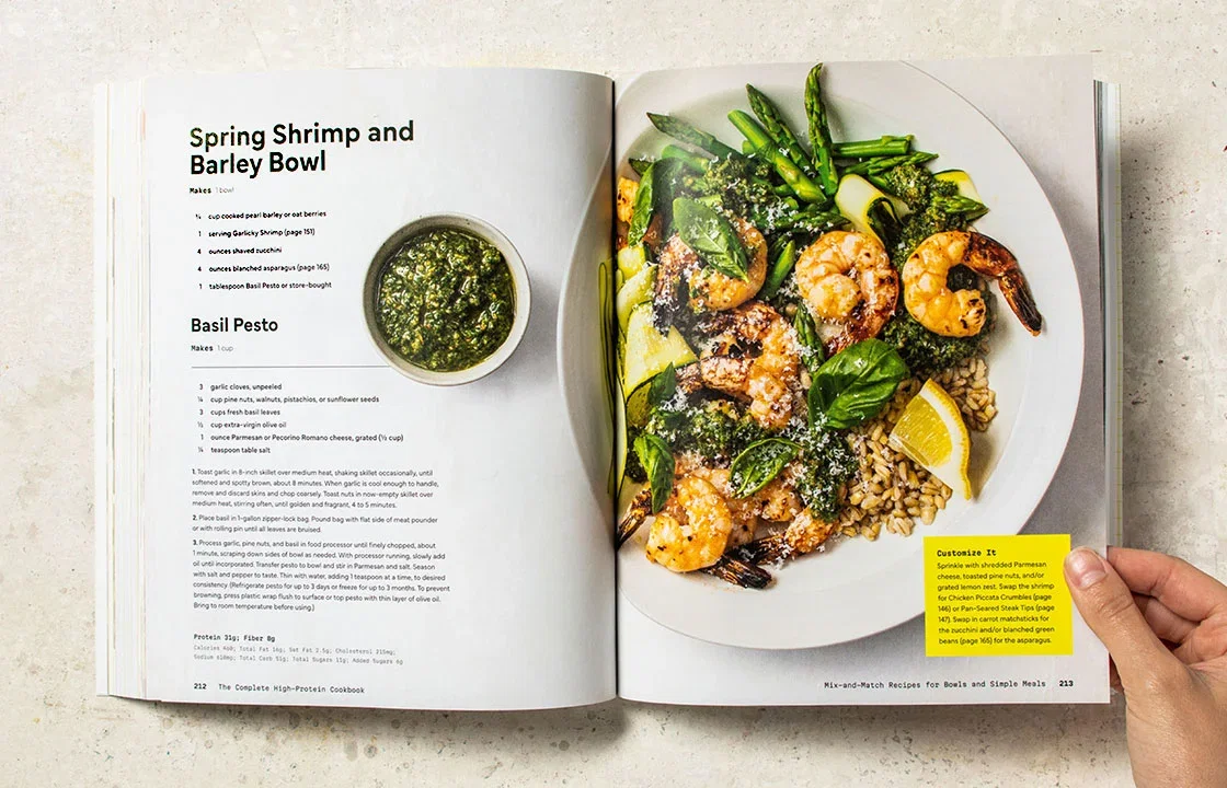Image of the book open to the spread for Spring Shrimp and Barley Bowl
