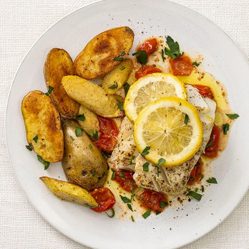 Lemony Cod with Roasted Potatoes and Parsnips