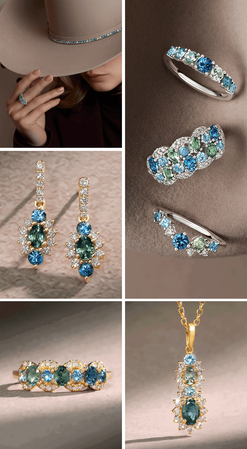A variety of rings, earrings, and necklaces with blue & green gemstones. 