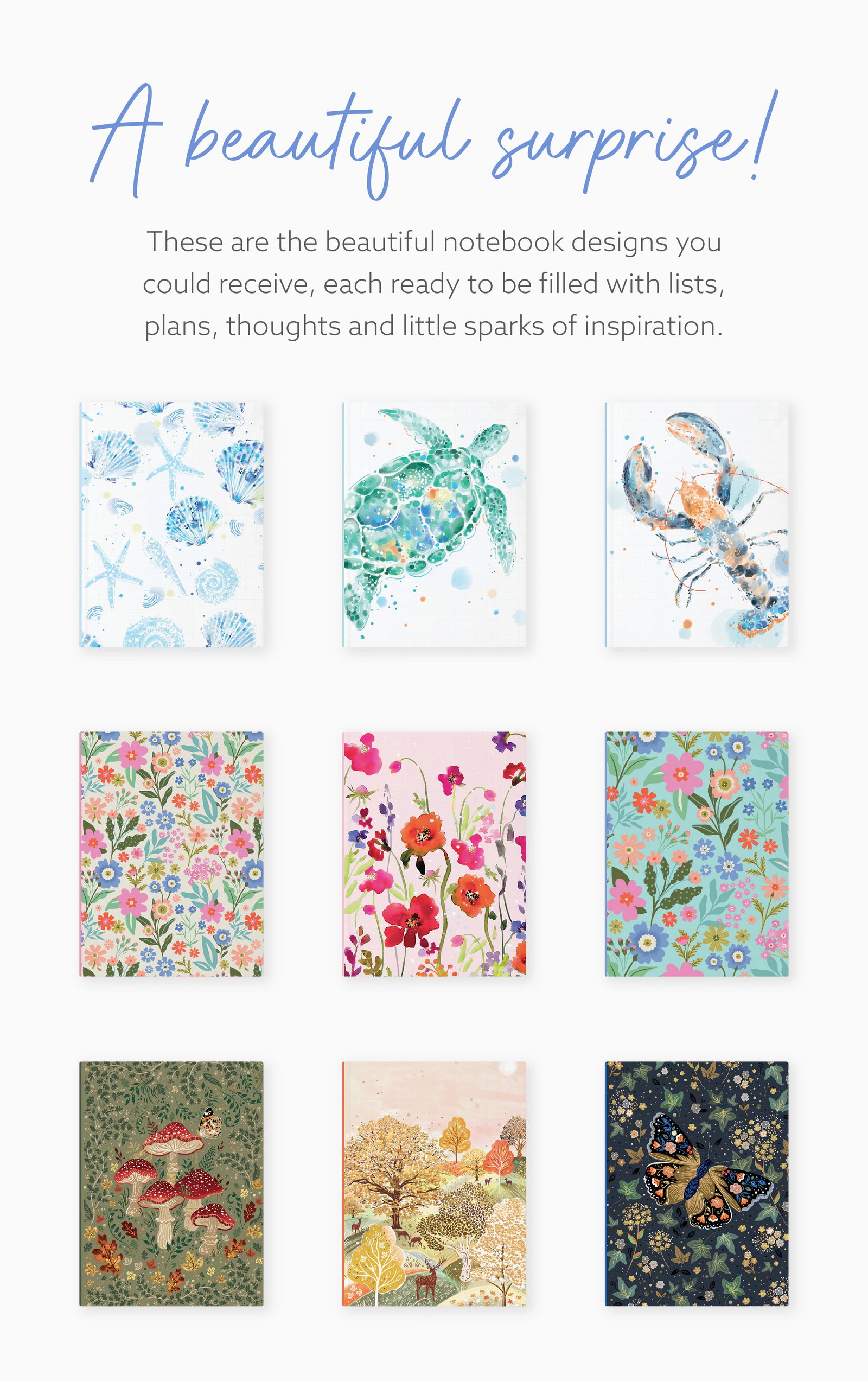 Nine Whistlefish notebook designs including coastal, floral, woodland and wildlife illustrations. A surprise design is chosen with qualifying orders.