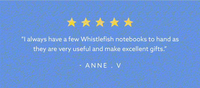 Five-star customer review praising Whistlefish notebooks as useful, beautiful and ideal for gifting.