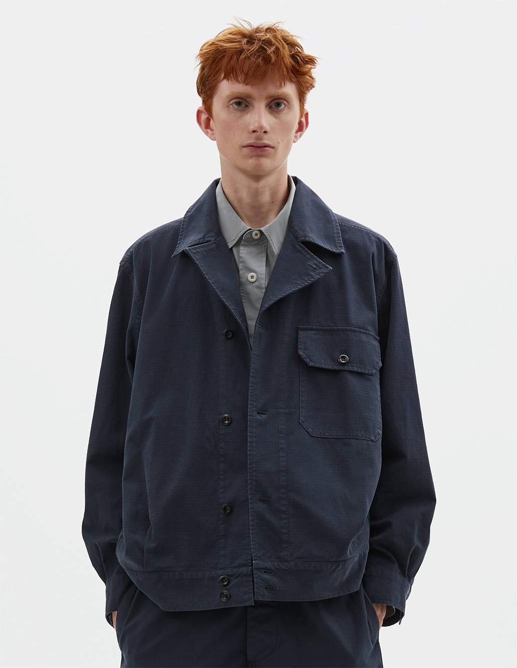 Utility jacket in washed cotton ripstop.