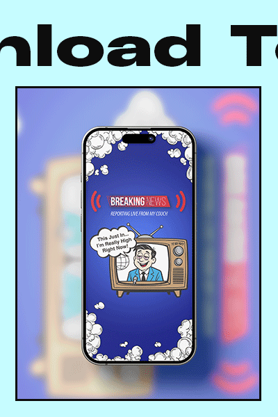 Redeem this digital wallpaper from Lamebrain, featuring an old-school TV and a newscaster saying 'This just in, I'm really high right now!'