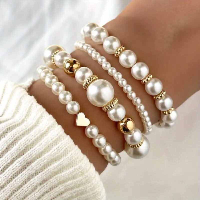 Image of 4-Pieces: Elegant White Faux Pearls Beaded Handmade Hand String Jewelry Set