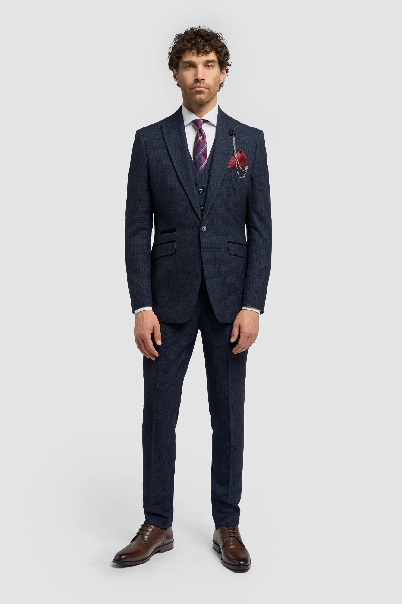 Image of Caridi Navy Regular Check Three Piece Suit