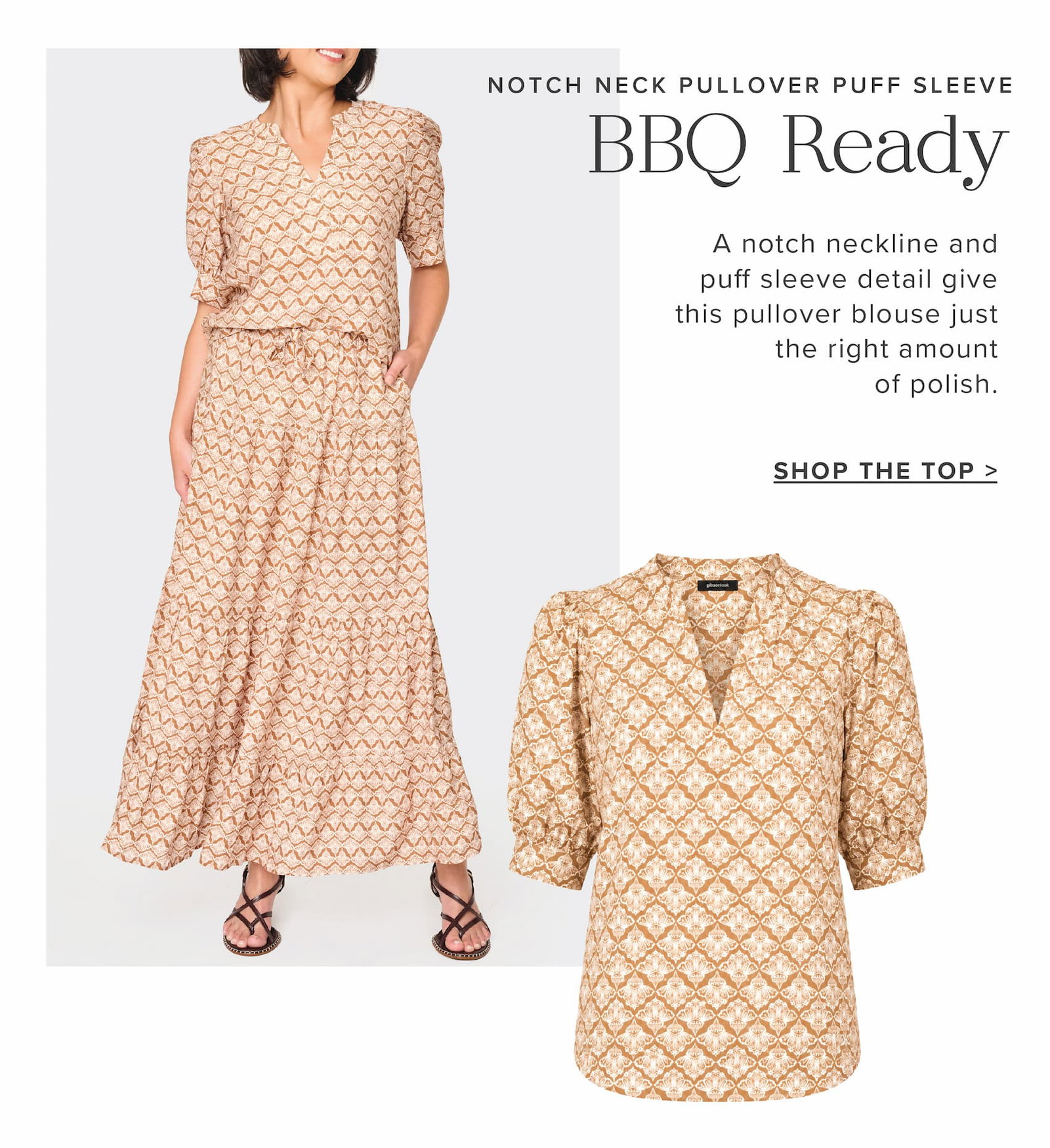BBQ Ready: Notch Neck Pullover Puff Sleeve Blouse