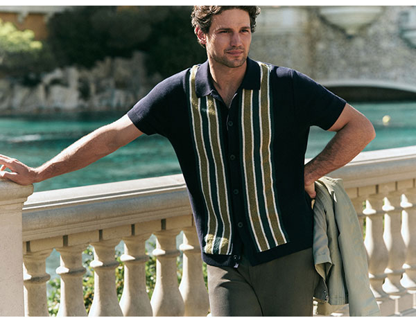 Textured Boucle Striped Short Sleeve Sweater Polo