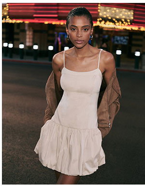 Stretch Cotton Poplin Drop Waist Bubble Hem Mini Dress with Pockets