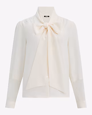Satin Lace Pieced Tie Neck Button Front Top