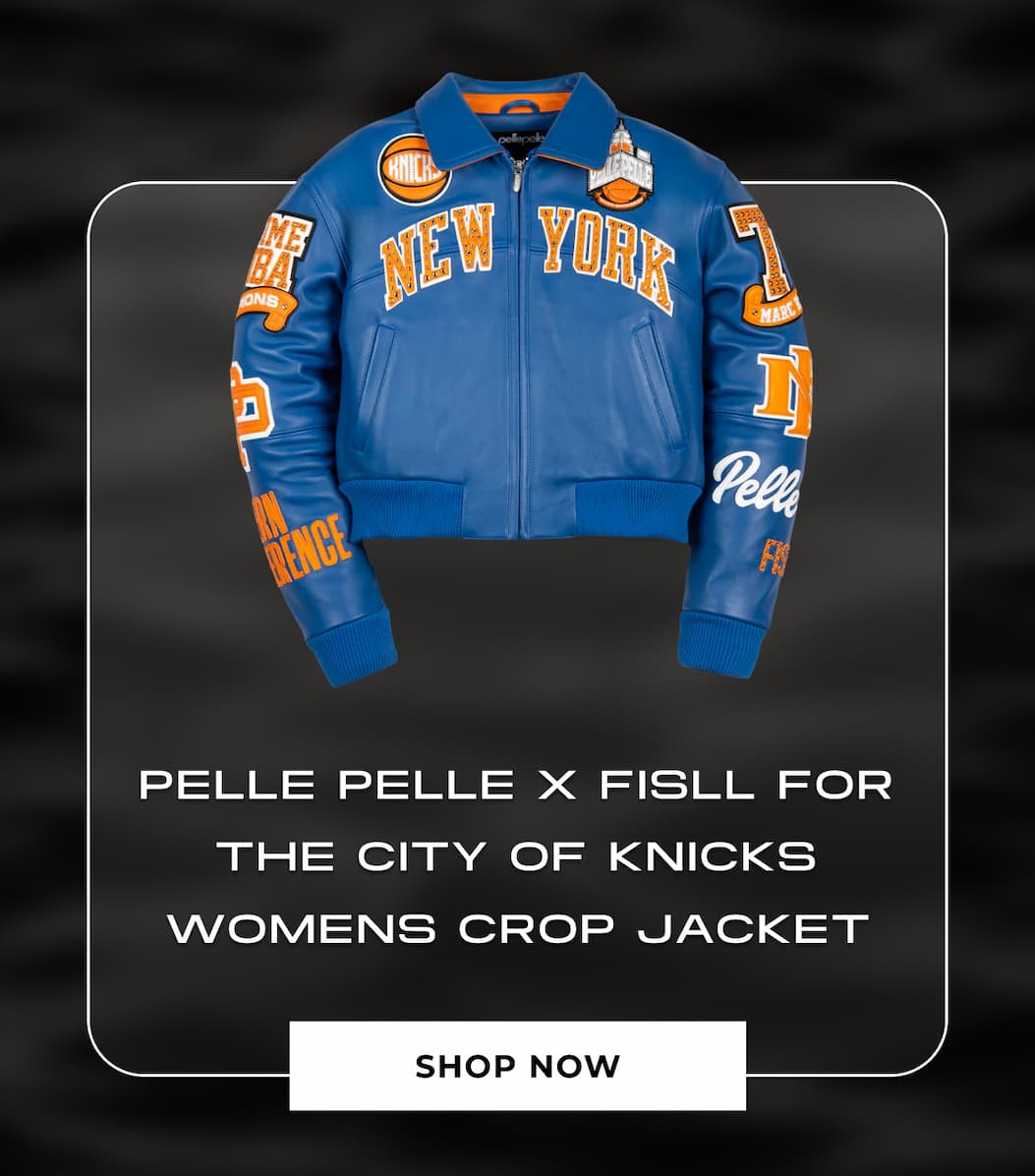 PELLE PELLE X FISLL FOR THE CITY OF KNICKS WOMENS CROP JACKET SHOP NOW 