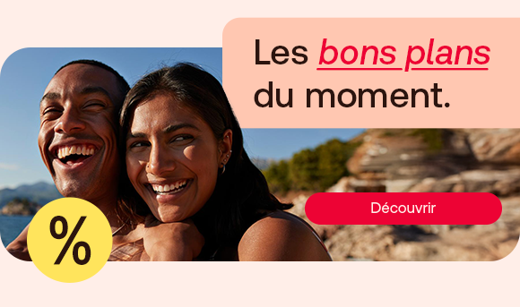 Bannière montrant un couple souriant en plein air. Texte : «Les bons plans du moment.» Découvrez les offres et réductions du moment pour votre santé, votre beauté et votre bien-être.