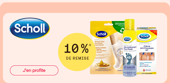 Bannière présentant plusieurs produits de soins des pieds Scholl. Mise en avant de 10 % de remise. Découvrez une sélection de produits pour le soin quotidien des pieds et profitez de l’offre du moment.